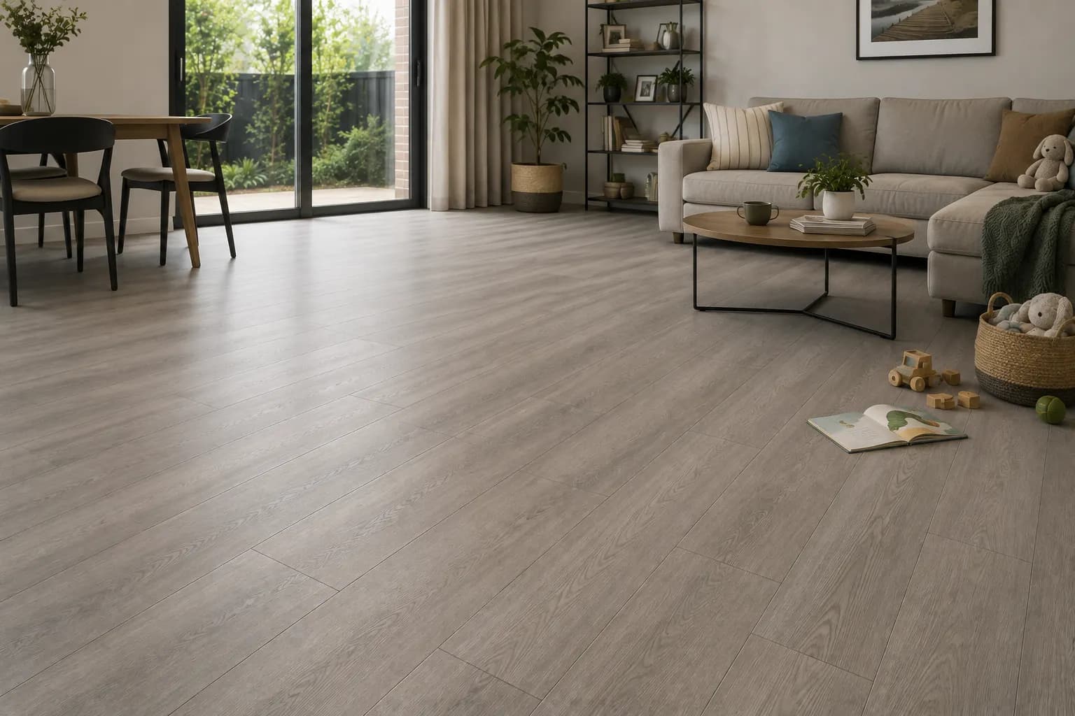 Premium laminate flooring in a family living room