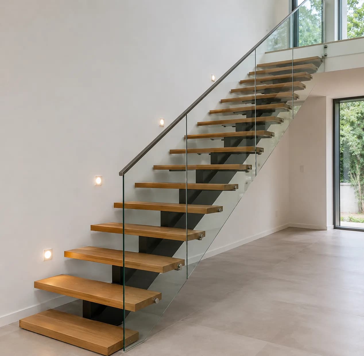 Straight floating metal stringer staircase with open wood treads
