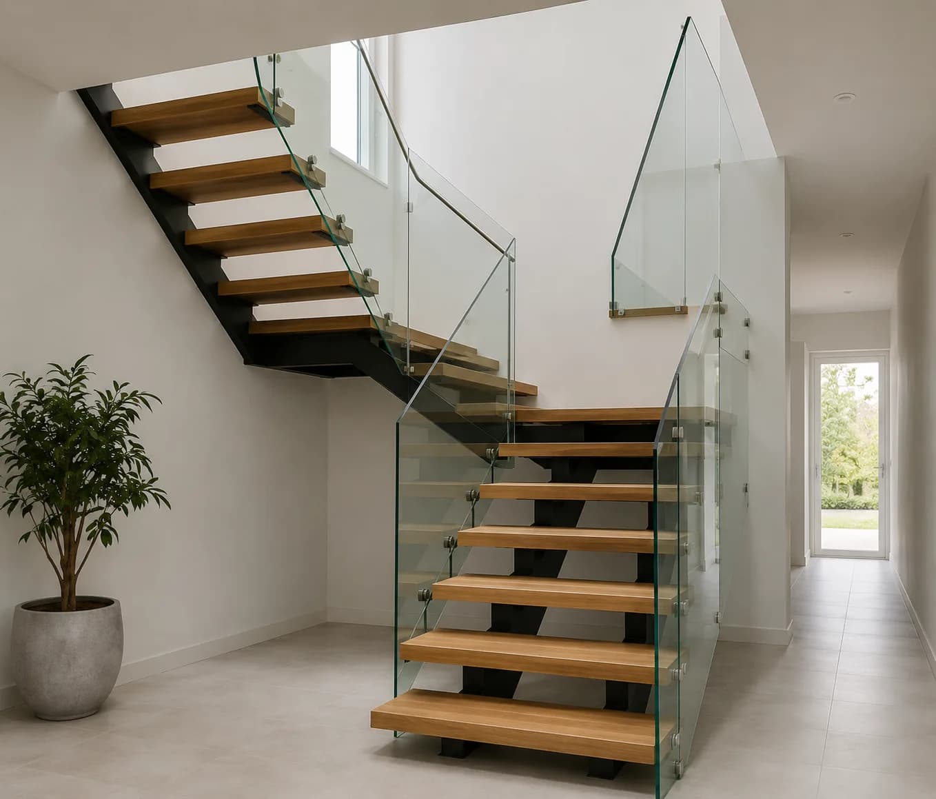L-shaped quarter-turn metal stringer staircase with 90 degree steel frame