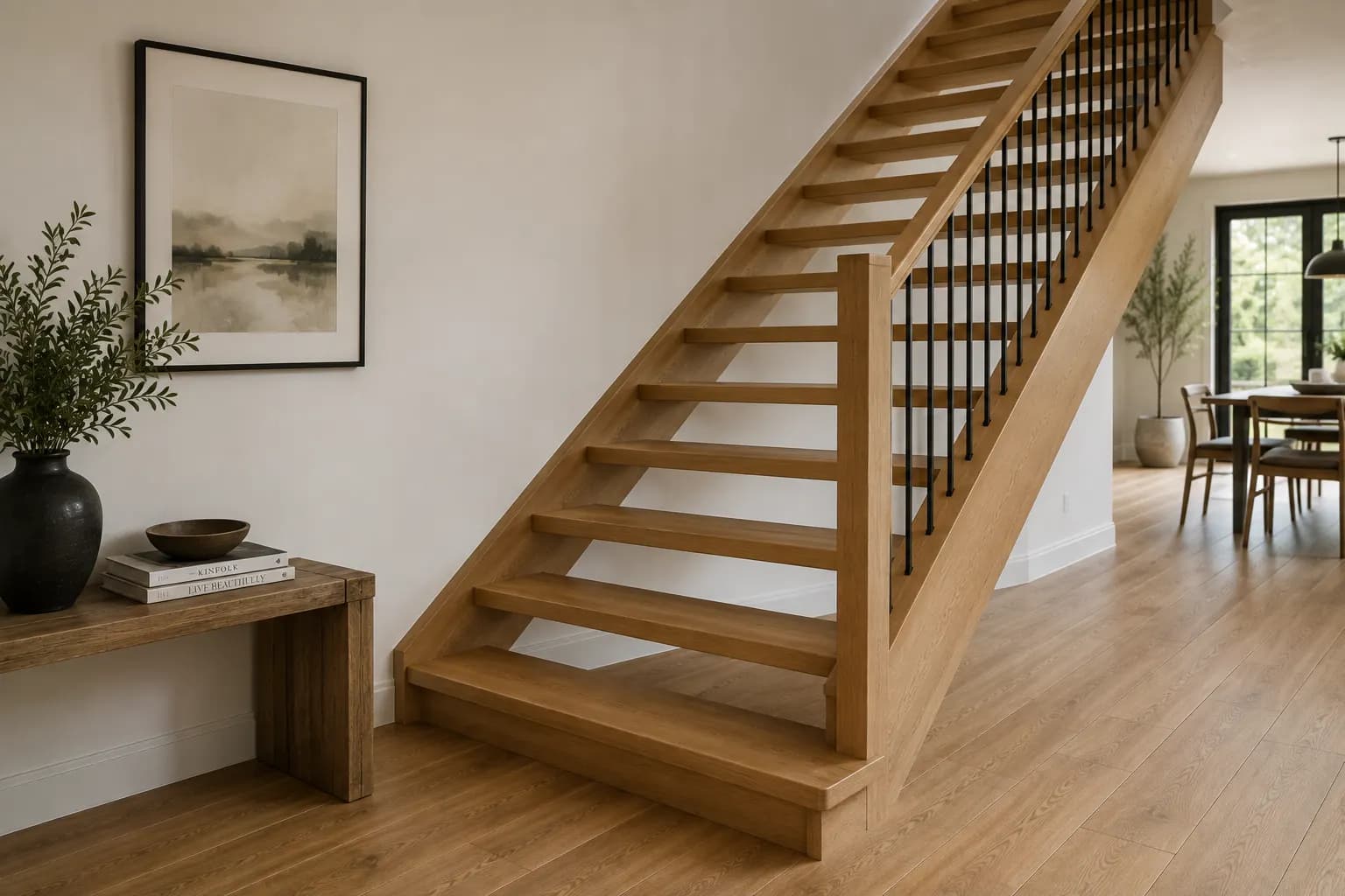 Beautifully crafted wooden stringer staircase in a warm home interior