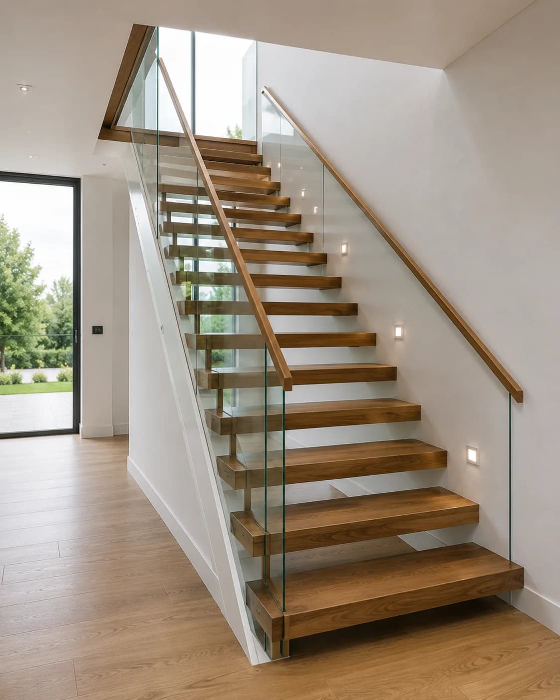 Open-riser wooden staircase with no risers between solid treads