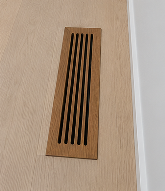 Tall narrow vertical wooden vent register for baseboard installation
