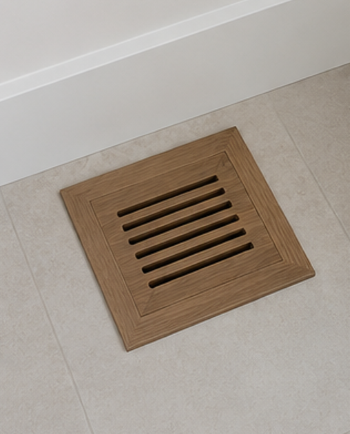 Square wooden floor register with slotted face in dark ebonised finish