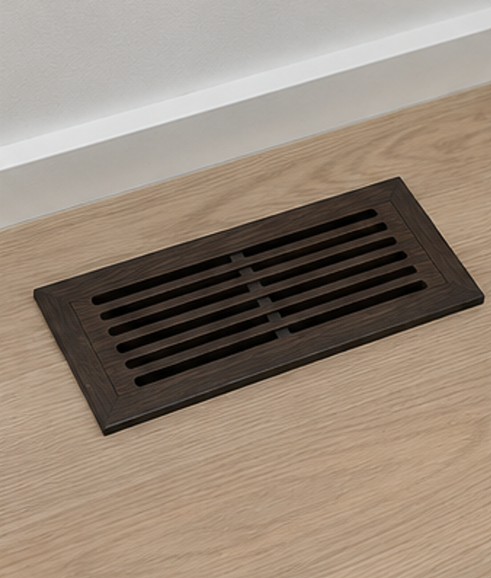 Dark ebonised wooden floor vent with slotted face in smoked oak finish