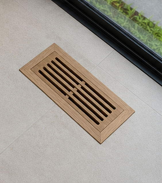 Natural white oak floor register with warm grain and slotted face