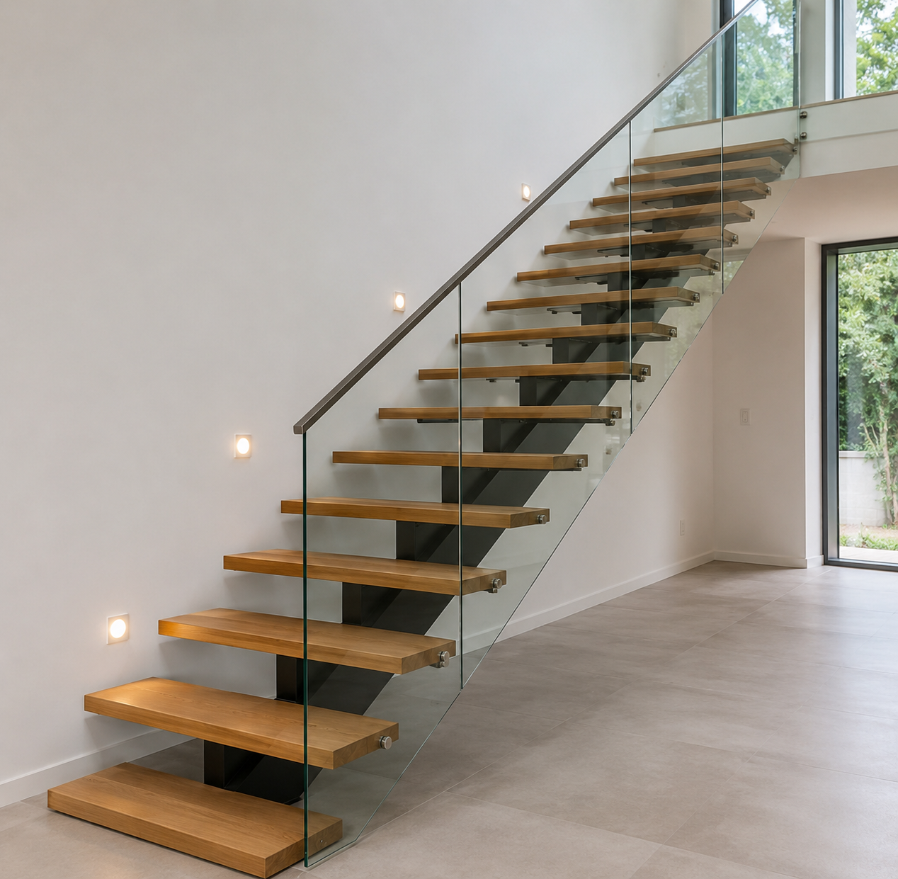 Straight floating metal stringer staircase with open wood treads