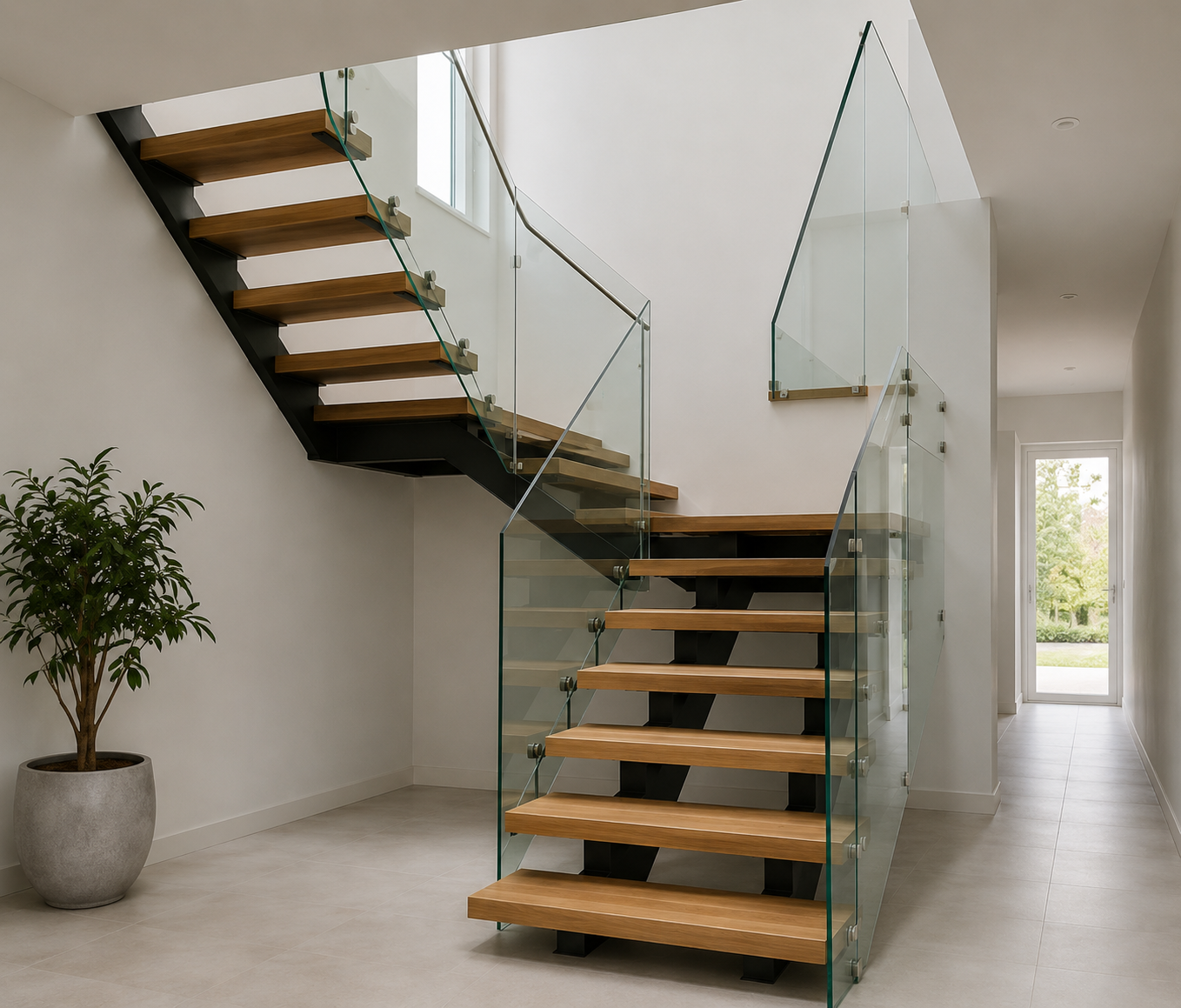 L-shaped quarter-turn metal stringer staircase with 90 degree steel frame