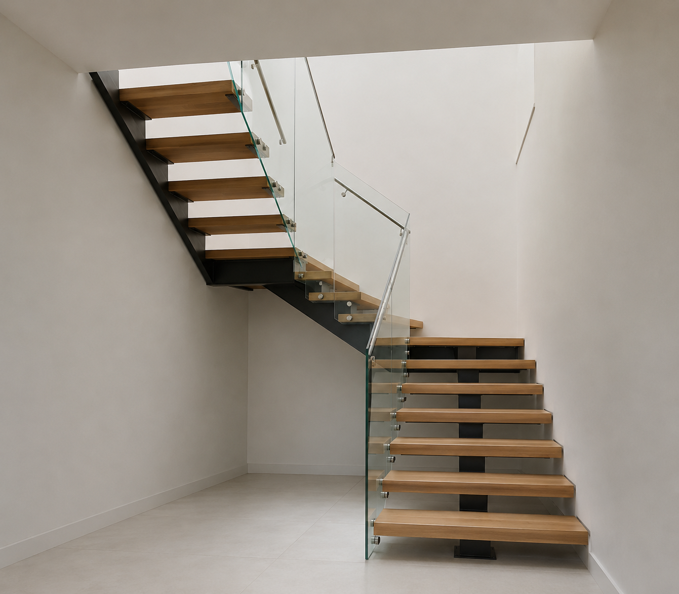 Metal stringer staircase with floating wood treads