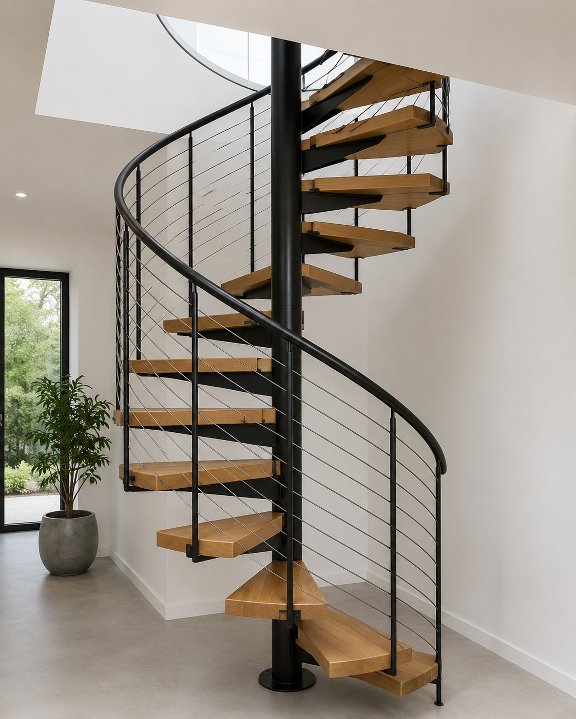 Steel spiral staircase with central column and CNC-cut treads