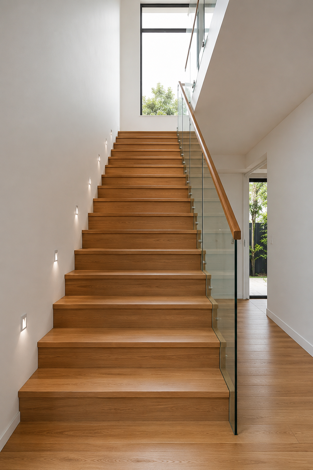 Straight wooden staircase with clean single-flight design