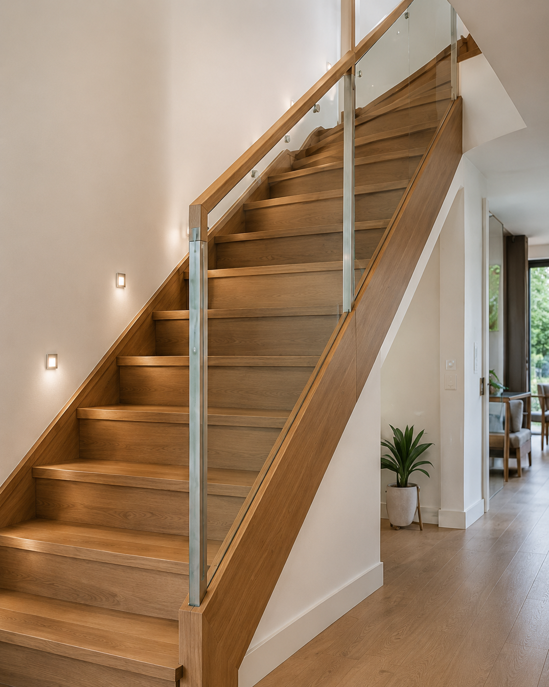 Traditional closed string wooden staircase with fully enclosed timber sides