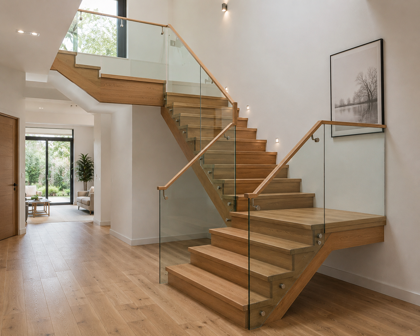 U-shaped half-turn wooden staircase with central landing