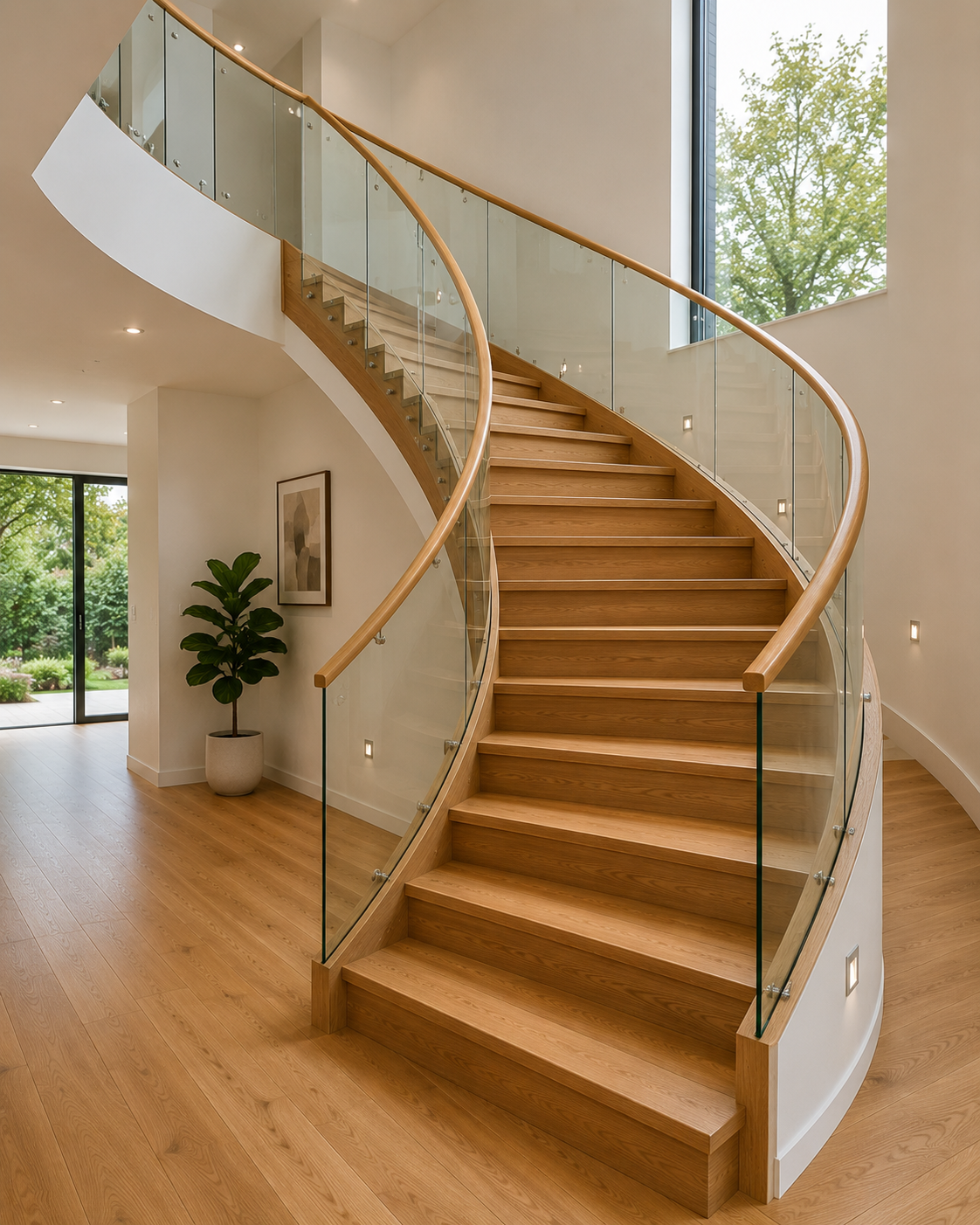 Wooden stringer staircase with solid hardwood treads