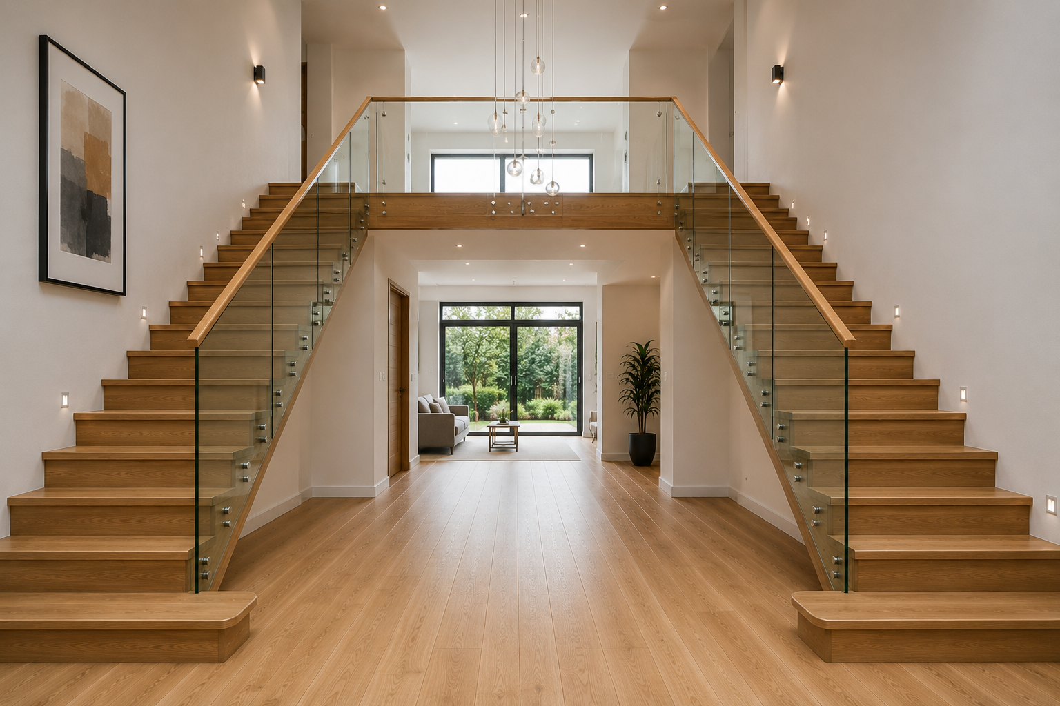 Bifurcated grand staircase splitting into two symmetrical upper flights