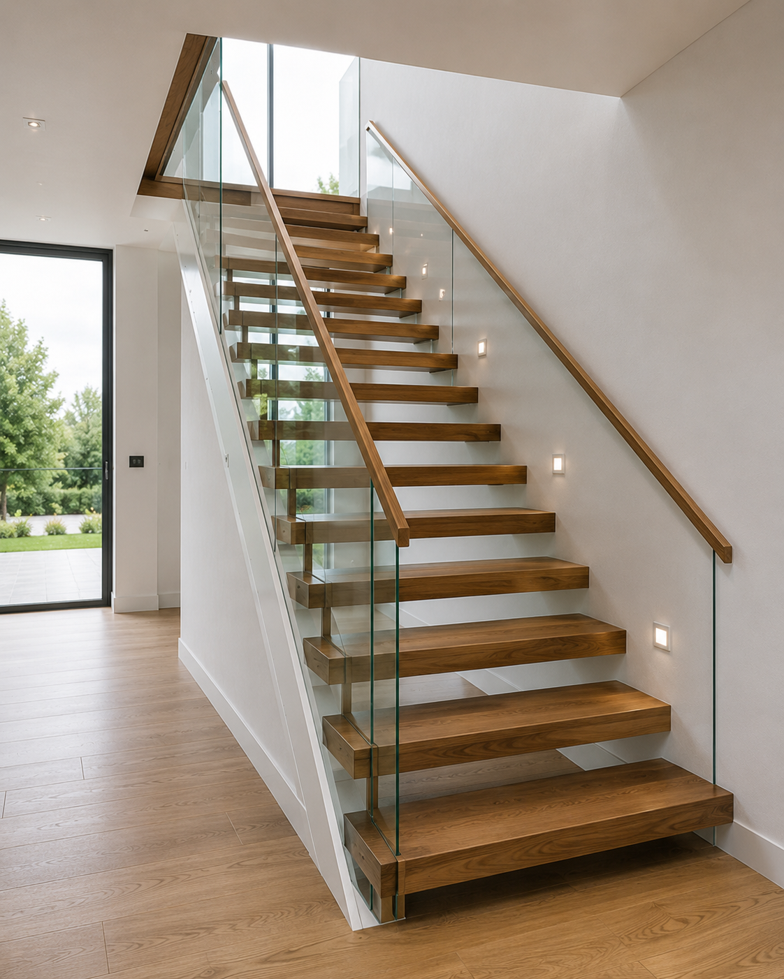 Open-riser wooden staircase with no risers between solid treads